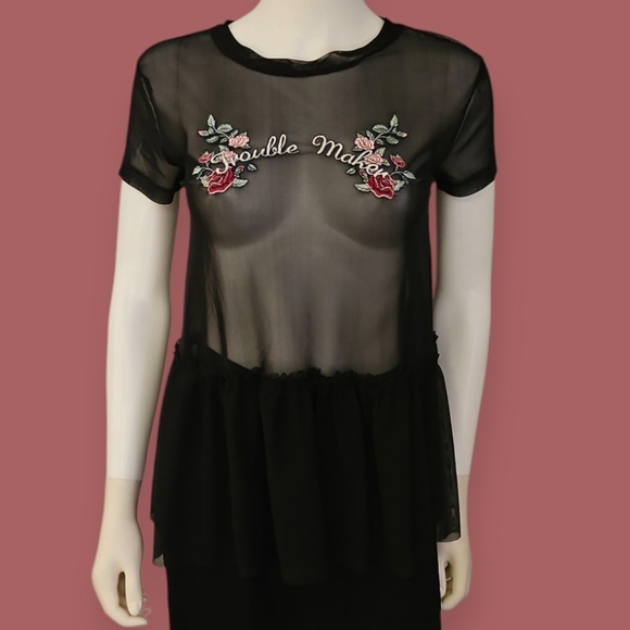 Vtg ARIZONA JEAN Co. Black Sheer Mesh Ruffle Trouble Maker Embroidered Top - Picture 1 of 7